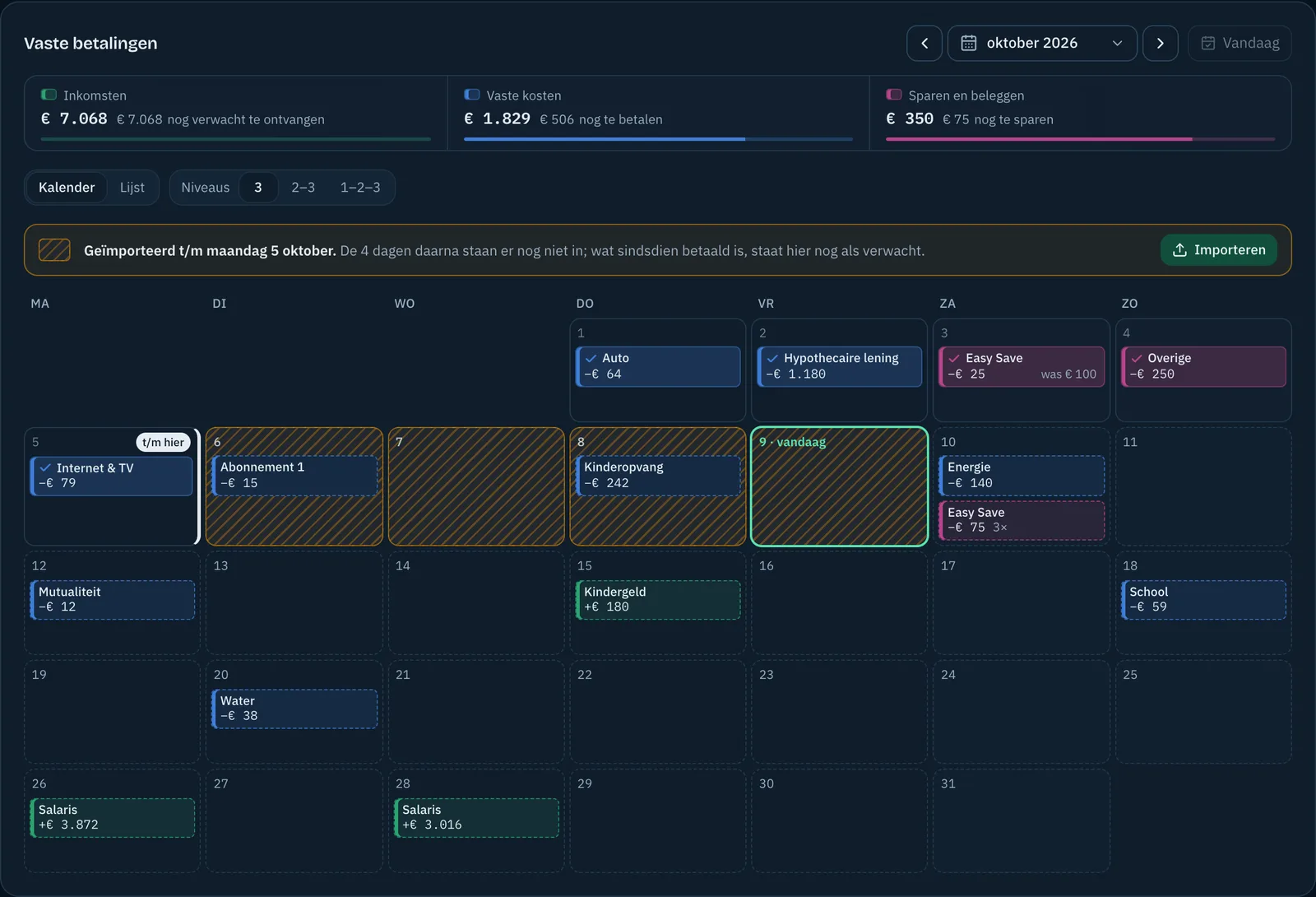 De kalender met vaste betalingen in Effe: per dag wat er vertrok of binnenkwam, wat nog verwacht wordt, en tot waar je geïmporteerd hebt.